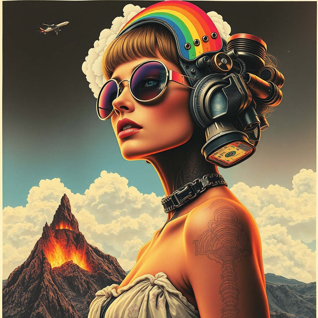 Fashion model beauty rainbow girl nice curves perspective pop rock fluorescent collage sci-fi steampunk machinery extra dust particle cloud octane render and paper art ink art Melies, Jules Verne, big eyes creature from hell, burning mountain, sad human climbing the sky. - Image