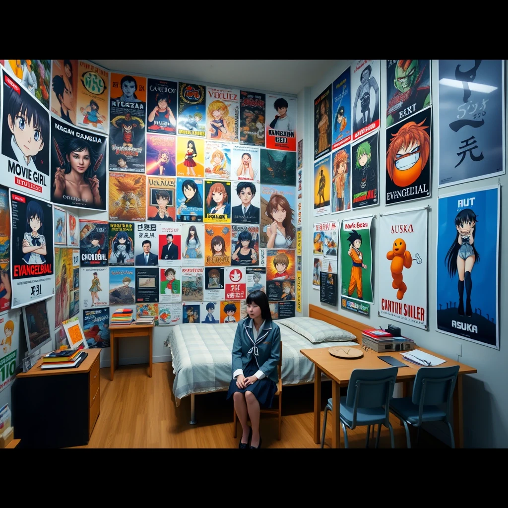 A very large room with one wall covered in many posters, including one for Kōsuke Kōsaka's "Movie Girl," a poster for Neon Genesis Evangelion, a poster for Dragon Ball, a poster of Asuka, and a poster for Castle in the Sky. The room also has a bed and a desk with chairs. There is a female student in a school uniform sitting in the room.