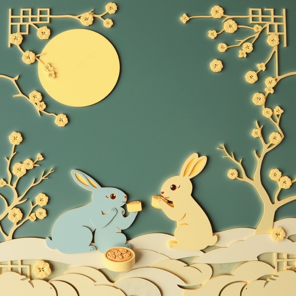 "The meaning of enjoying the moon with rabbits, eating mooncakes, drinking tea and admiring the moon, paper carving effect."