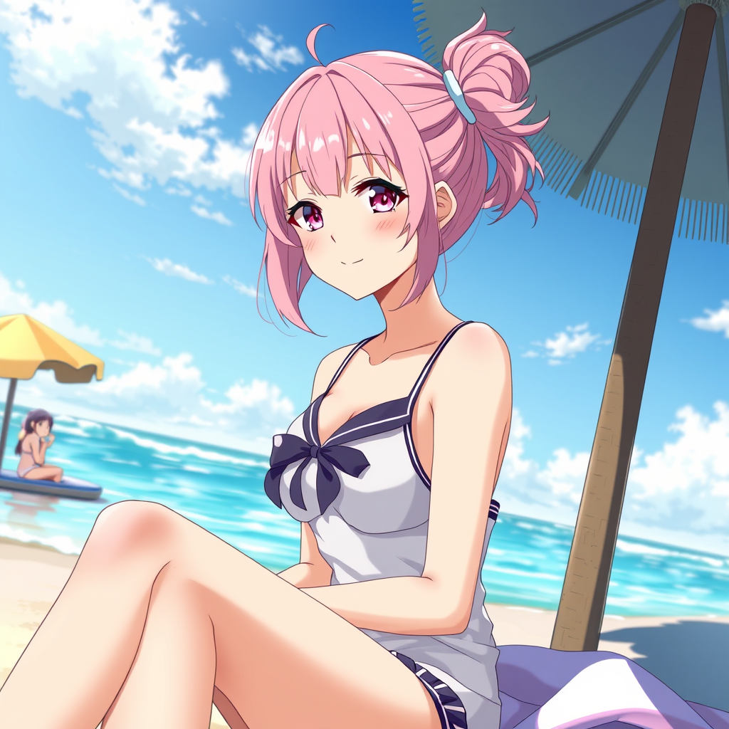 Anime art of a motherly woman, pink hair, school swimsuit, detailed scene, sitting at the beach, stunning details, trending on ArtStation, anime artwork, anime cel shading, detailed soft shadows. - Image