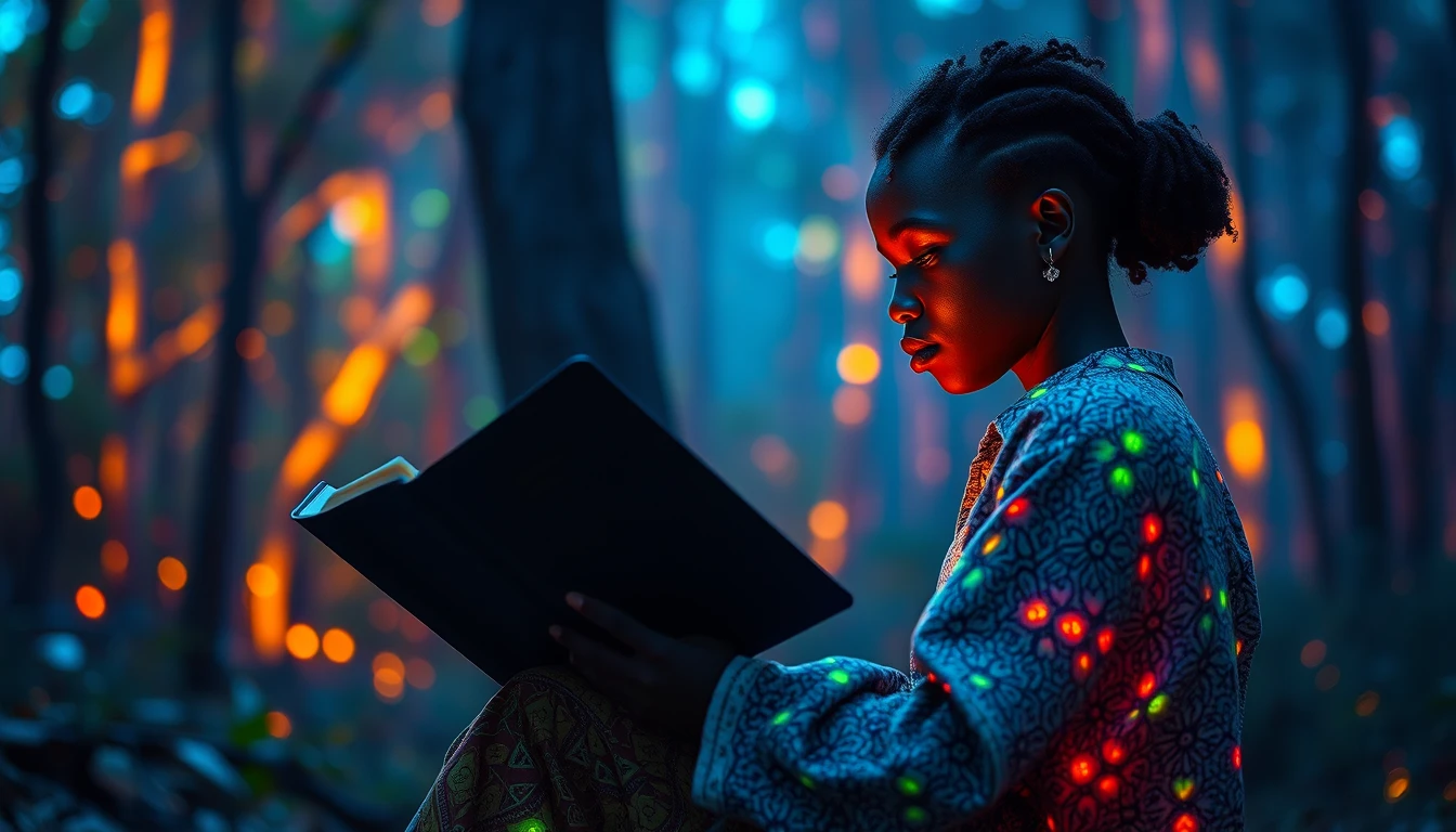 Portrait | shot from the side, lucid dream-like Rwandan girl sitting reading the Bible, | glowing ::8 background | forest, vivid neon wonderland, particles, blue, green, orange ::7 parameters | rule of thirds, golden ratio, asymmetric composition, hyper-maximalist, octane render, photorealism, cinematic realism, unreal engine, 8k ::7 --ar 16:9 --s 1000. - Image