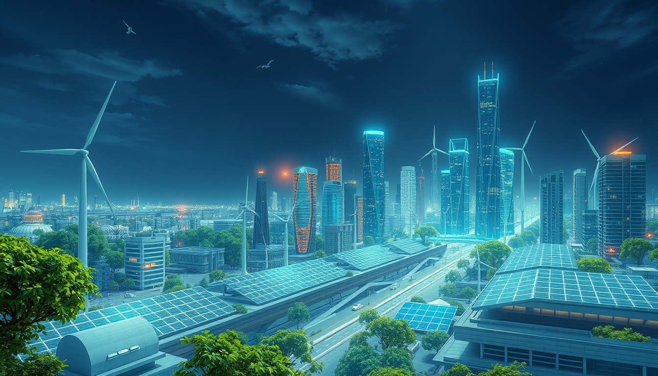 Futuristic cityscape with renewable energy sources, symbolizing the new economy. - Image