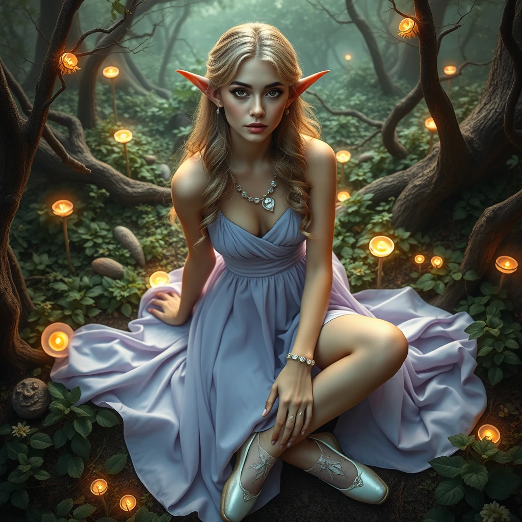 Wide shot from above sitting, between the legs, arm at side, head tilt, (enchanting elf with long pointed ears) young woman, slender build, high elf, fair skin, golden eyes, wavy hair, wearing a soft lavender luxurious elven dress, satin ballet shoes with ethereal motifs, elven ear cuffs, moonstone ring, silver eyeliner, leaf-shaped brooch, set in an otherworldly enchanted forest, with glowing plants, magical creatures, and an enchanting ambiance, in the moonlight.