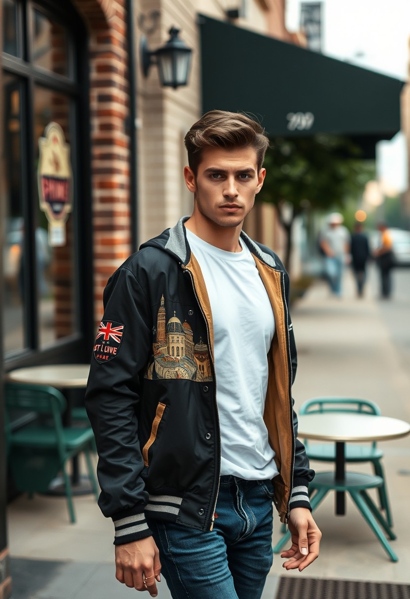 Freddie Prinze head and body shot, handsome, young, serious face, white t-shirt, collage jacket, skinny jeans, sneakers, walking with hot style, near café, hyper-realistic, street photography, brick wall, full body photo, morning scenery.