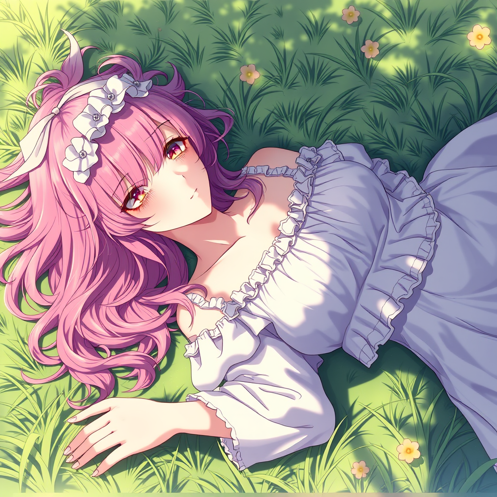 Anime art of a motherly woman, pink hair, frilly dress, detailed scene, stunning details, trending on ArtStation, laying on the grass, anime artwork, anime cel shading.