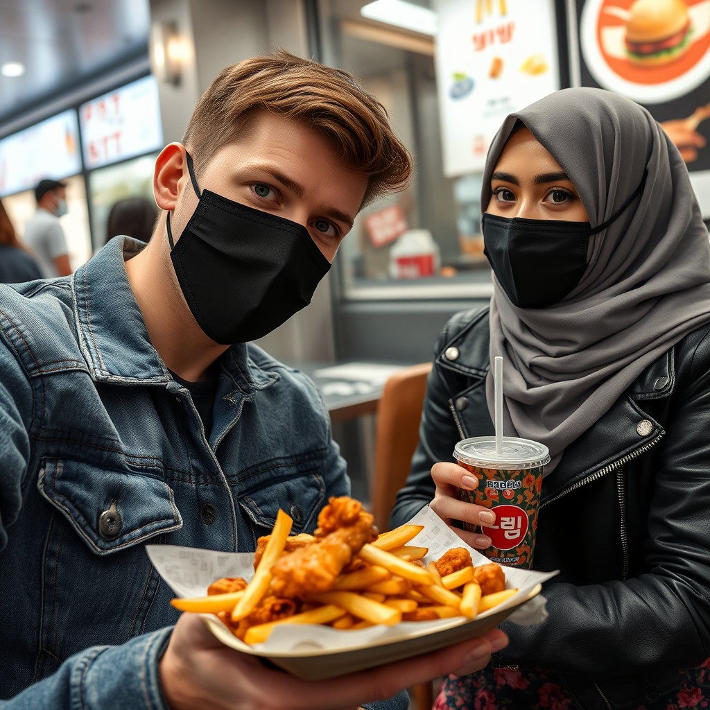 Jamie Dornan's head and body shot, handsome, young, black face mask, blue jeans jacket, jeans, dating a Muslim girl with a grey hijab, beautiful eyes, black face mask, black leather jacket, biggest floral skirt, at a fast food restaurant, plate of Korean fried chicken and fries, soft drink soda, photorealistic, hyper-realistic, street photography, selfie.