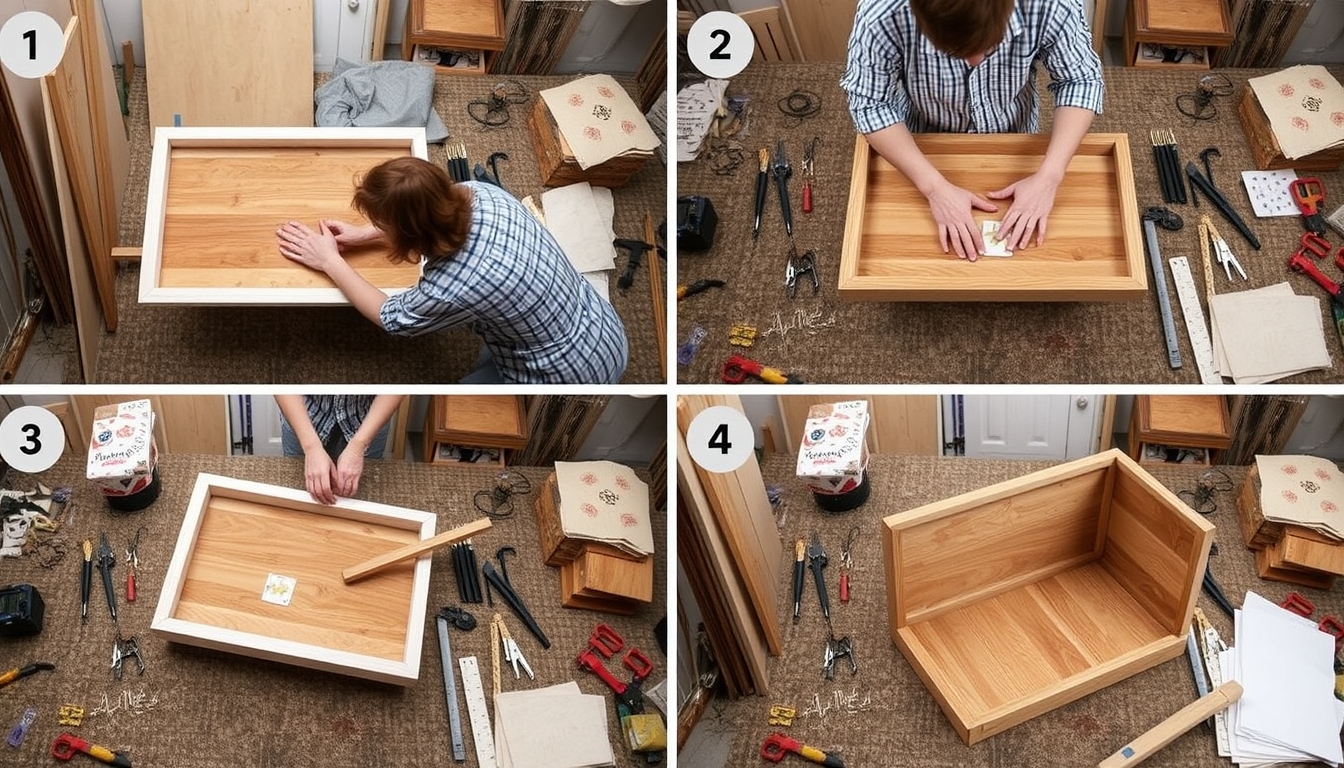 A step-by-step shot of a person assembling a piece of furniture, with tools and materials neatly arranged around the workspace. - Image