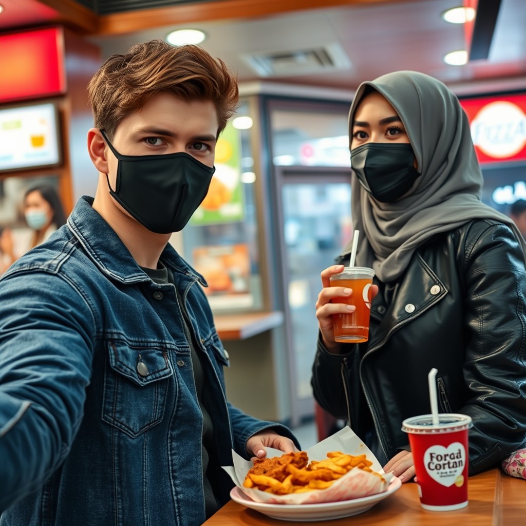 Jamie Dornan's head and body shot, handsome, young, black face mask, blue jeans jacket, jeans, dating a Muslim girl in a grey hijab with beautiful eyes, black face mask, black leather jacket, the biggest floral skirt, at a fast food restaurant, plate of Korean fried chicken and fries, soft drink, photorealistic, hyper-realistic, street photography, selfie. - Image