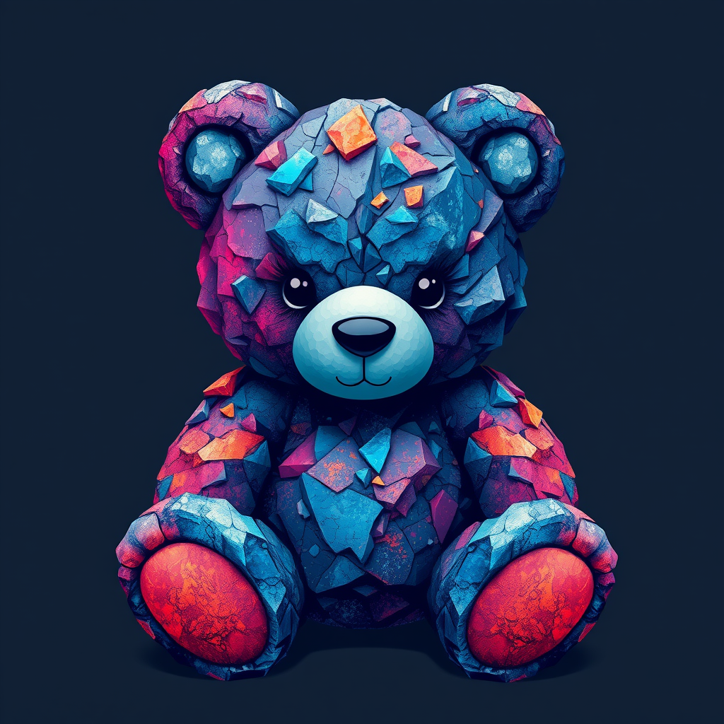 A tee shirt design of a teddy bear whose entire body, ears, and head are perfectly made of a beautiful jagged mineral that looks reminiscent of the universe with uneven colorful shards sticking out. Striking and beautiful, with deep blues and purples contrasting with vibrant reds and orange.