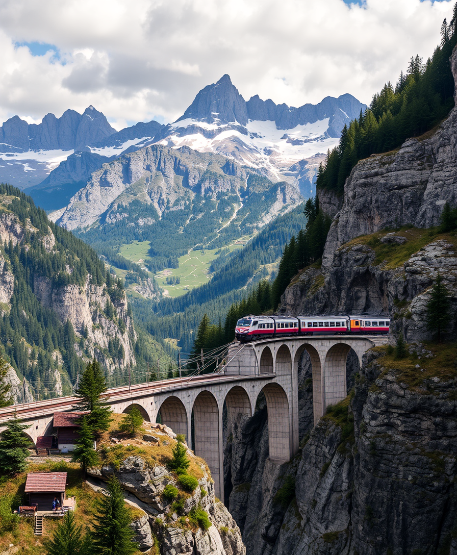 a stunningly beautiful mountain landscape with a bridge over which a train is moving - Image