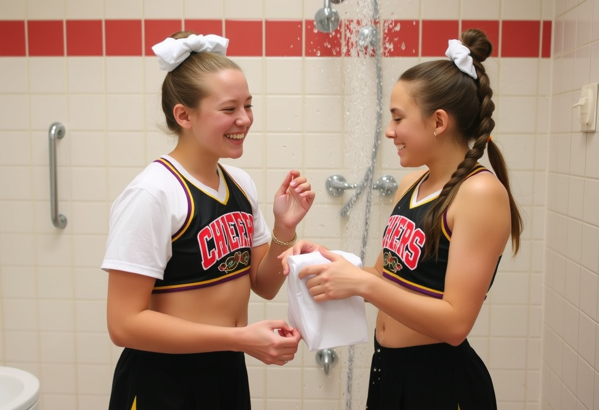 A girl at university cheer camp playfully helps her best friend get ready for a post-practice shower.