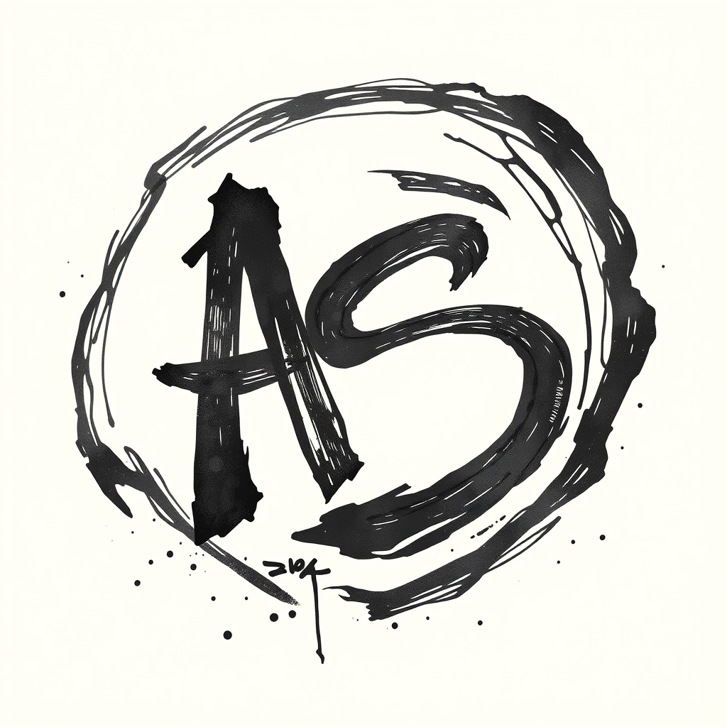 Bold, hand-drawn masculine signature for initials AS, featuring thick, confident strokes. Rugged edges reminiscent of weathered stone. Dynamic curves suggest motion, power. Deep charcoal on cream parchment. Subtle ink splatter adds raw energy. Evokes vintage explorer's journal. Timeless yet modern aesthetic.