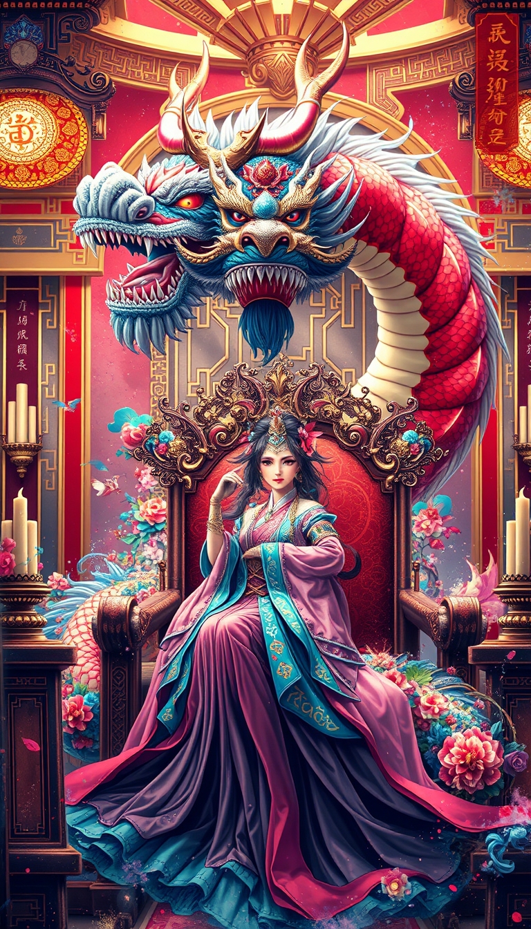 Showcase the magnificence of Orochi, colorful masterpiece, 1 lady, extremely detailed dragon, luxury throne room, empress, fantasy art, whimsical, splash art, explosive splashes, ultra detailed ambient, sharp focus, best quality, centered, colorful splash, Chinese style, legend of Orochi.