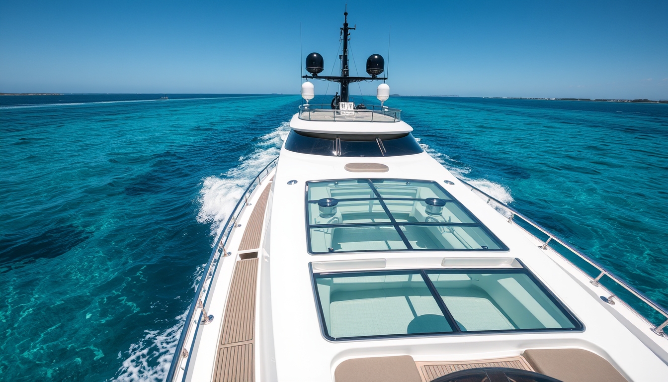 A luxurious yacht with a glass deck, cruising through crystal-clear waters. - Image