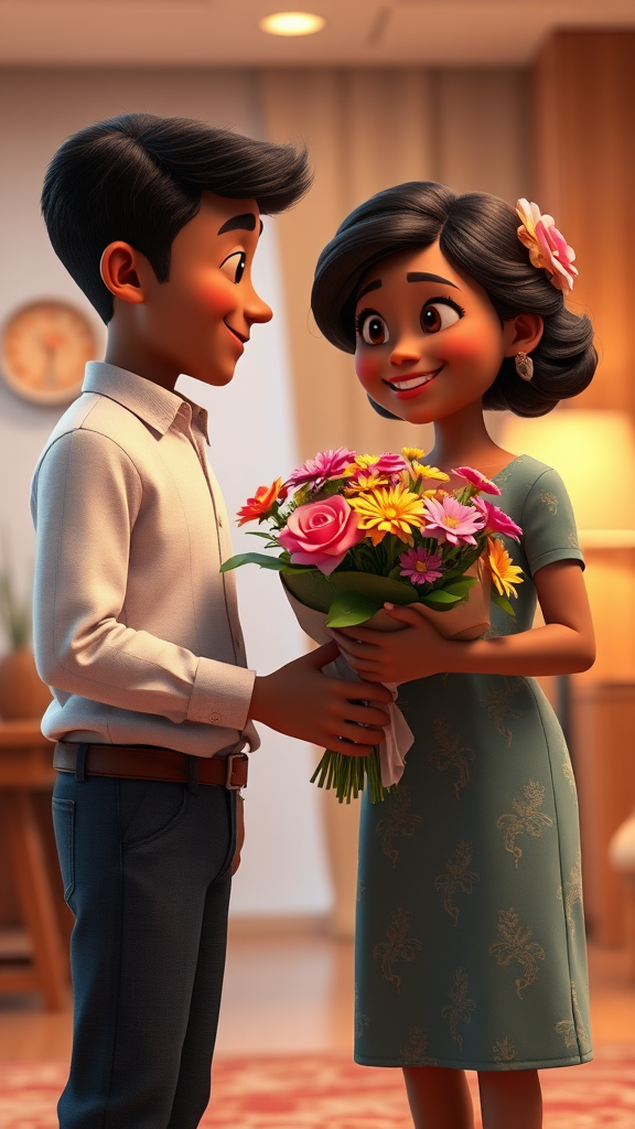 Years later, someone came to propose to me, a black-skinned girl, bringing flowers with his mother.. office 8k, 3d Pixar-style. - Image