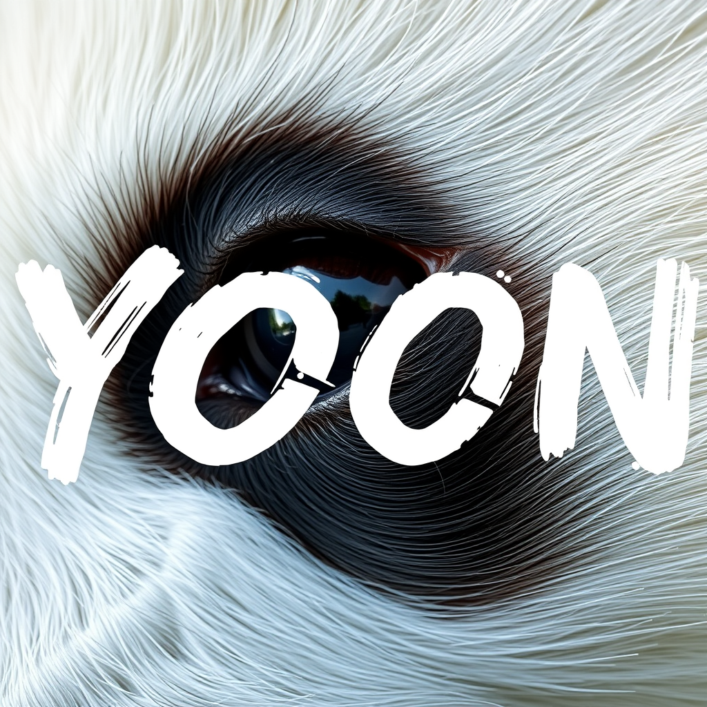 Extreme close-up of a single panda eye, direct frontal view. Detailed iris and pupil. Sharp focus on eye texture and color. Natural lighting to capture authentic eye shine and depth. The word "YOON" is painted over it in big, white brush strokes with visible texture.