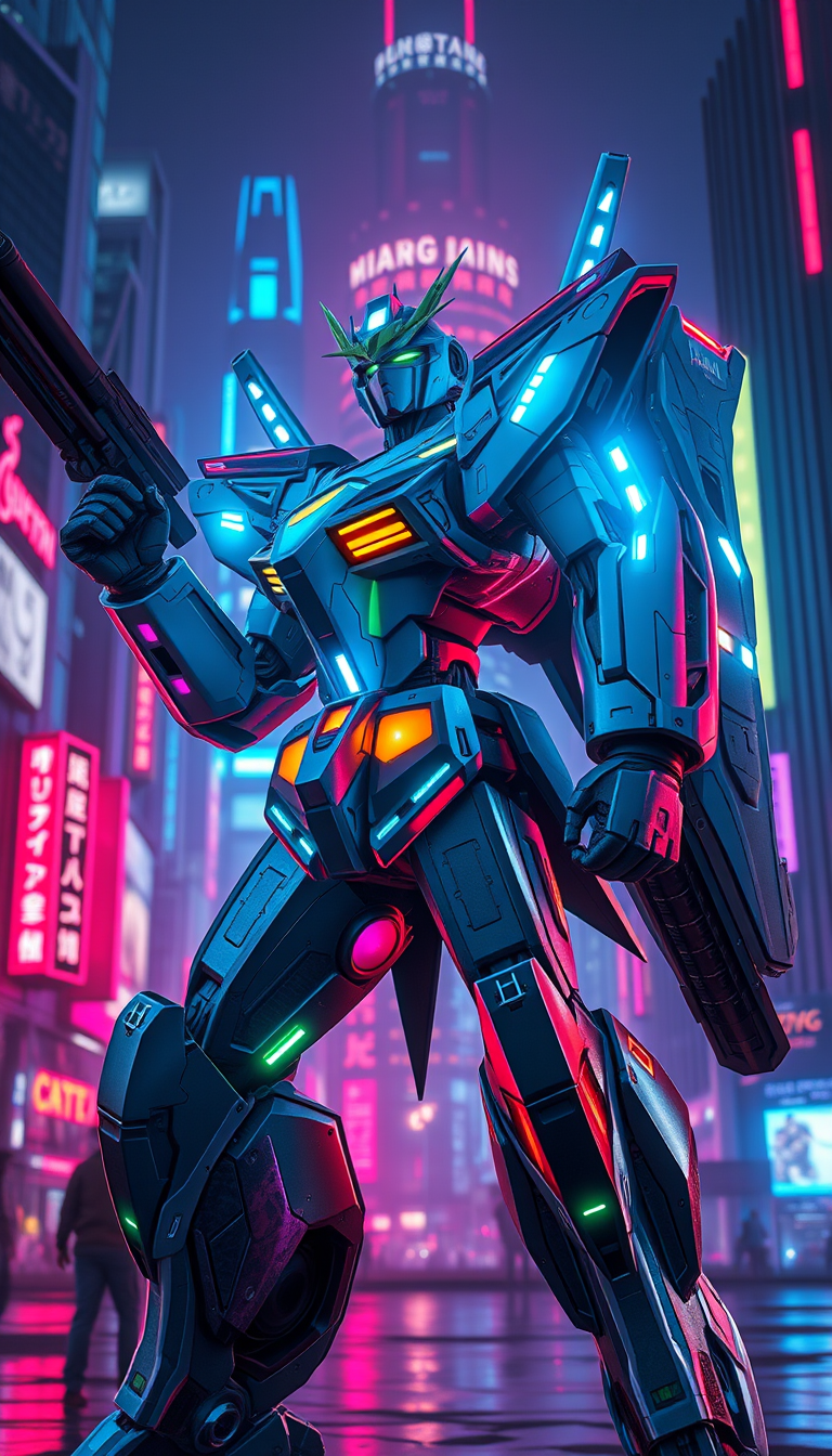 Cyberpunk Gundam, neon-lit cityscape, futuristic mecha design, sleek metallic armor, glowing circuit patterns, dynamic pose, high-tech weaponry, urban dystopia background, hyper-realistic detail, vibrant color palette, cinematic lighting --ar 16:9 --v 6.0