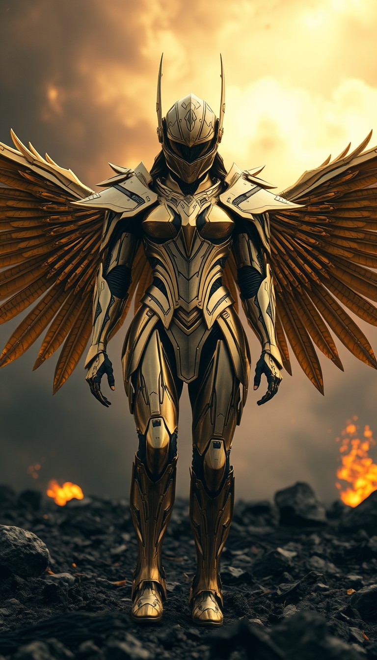 Cinematic shot of a female cyborg Valkyrie rising from ashes, golden Valkyrie armor, full smooth helmet, wings, sci-fi, standing on a battlefield, movie scene, film grain, realistic, shot from below, image for a flyer. - Image