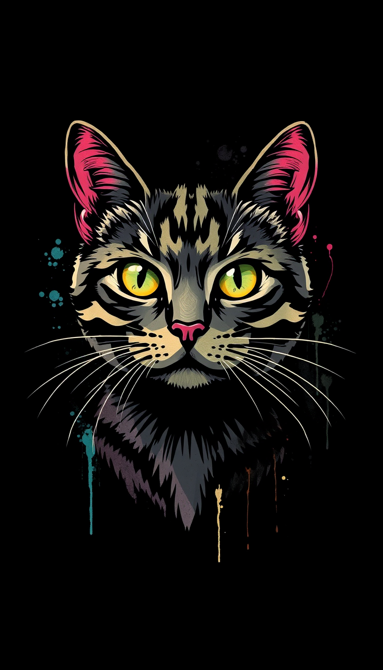 CAT graffiti, ART by sullen, solid color, TSHIRT DESIGN ART by sullen powell, black background. - Image