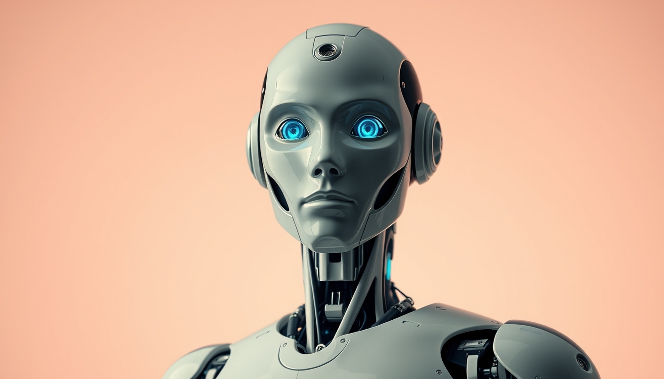 Photo portrait of AI robot positioned isolated on a colored background, 8k UHD, high detail.