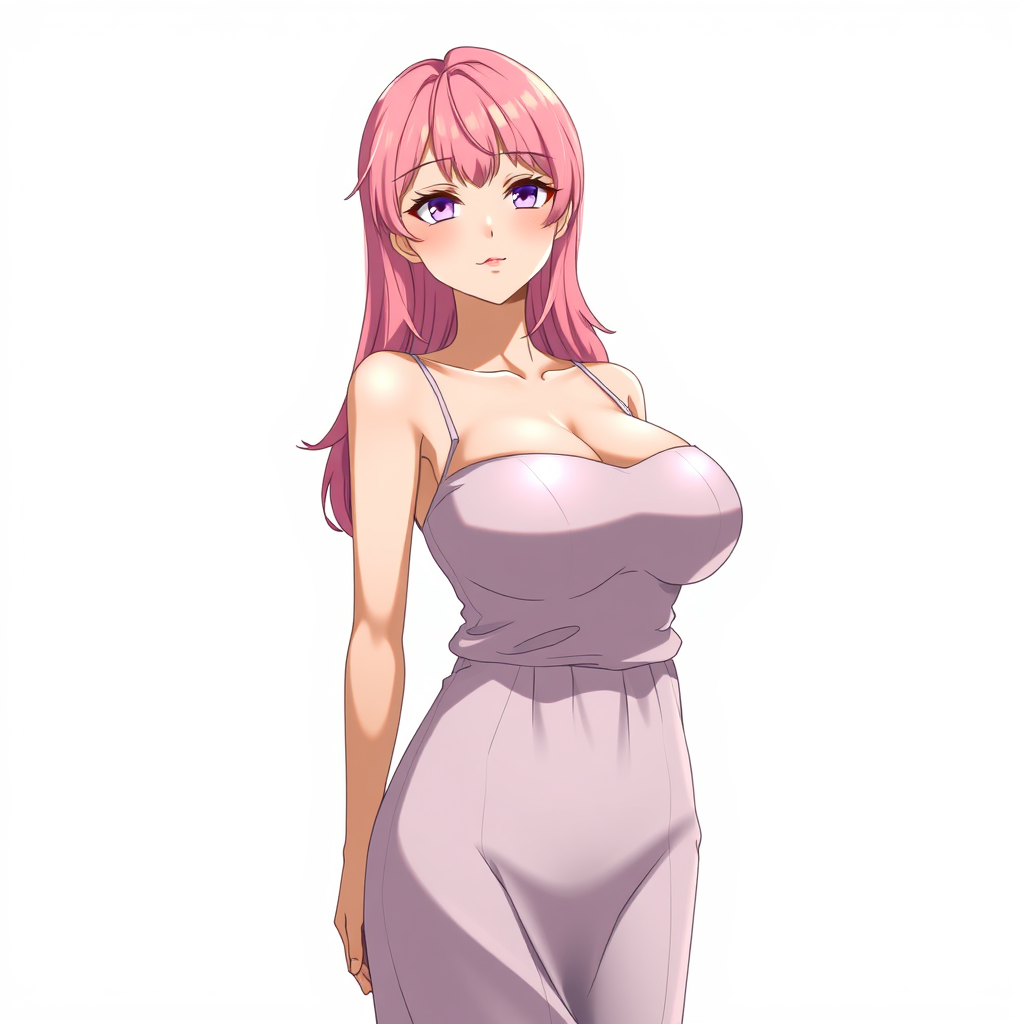 Anime art of a motherly woman, pink hair, dress, large breasts, natural reflective, detailed body, standing, white background, stunning details, trending on artstation, anime artwork, illustration quality, soft shadows - Image