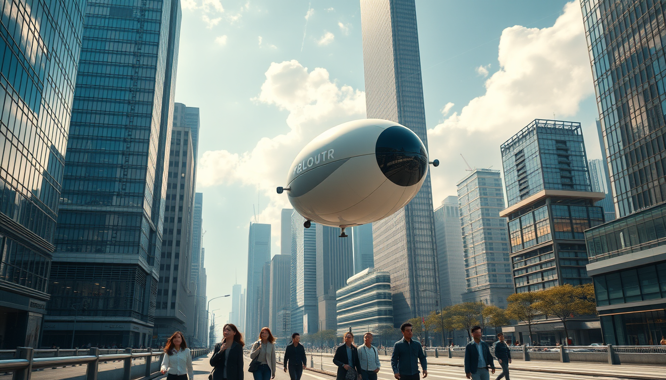 Create a stunning high-resolution image of the city of the future. The skyline should be filled with towering skyscrapers. Include a light-colored oval balloon-type robot flying rapidly through the air with tiny black stabilizers on either side of the balloon. There are some people walking on the street, Asian faces, wearing fashionable and avant-garde clothing, creating a laid-back and pleasant atmosphere. The visual focus of the image highlights small balloon-type robots patrolling the air for safety, very beautiful clouds, and sunlight reflecting off the glass surfaces of the buildings, creating an atmosphere of excitement and innovation. The details are very clear and realistic, in 32K, from a top view.