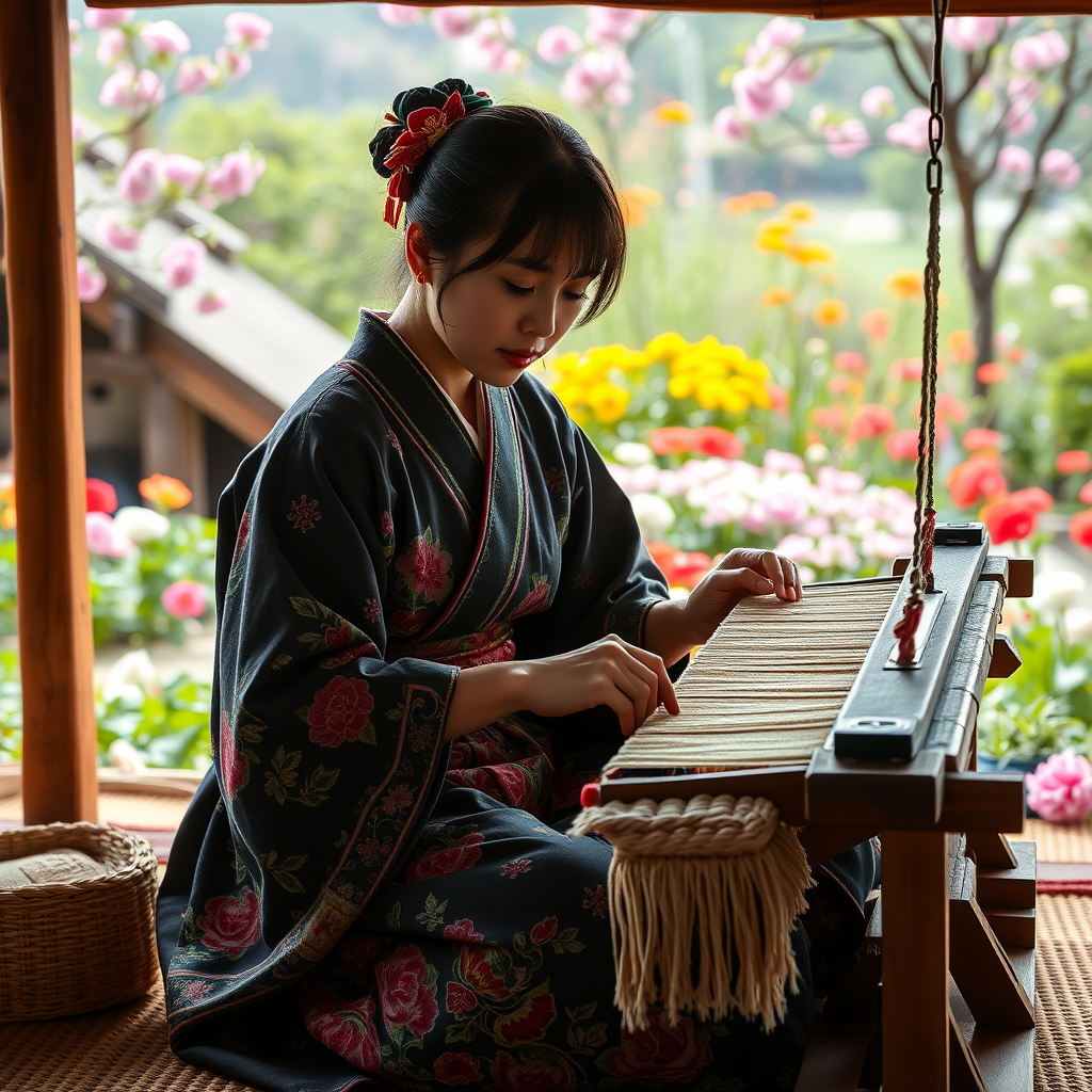 8k image of young Sakura, a Japanese woman, weaving her carpet on a handmade loom and in the background a beautiful garden with flowers. - Image