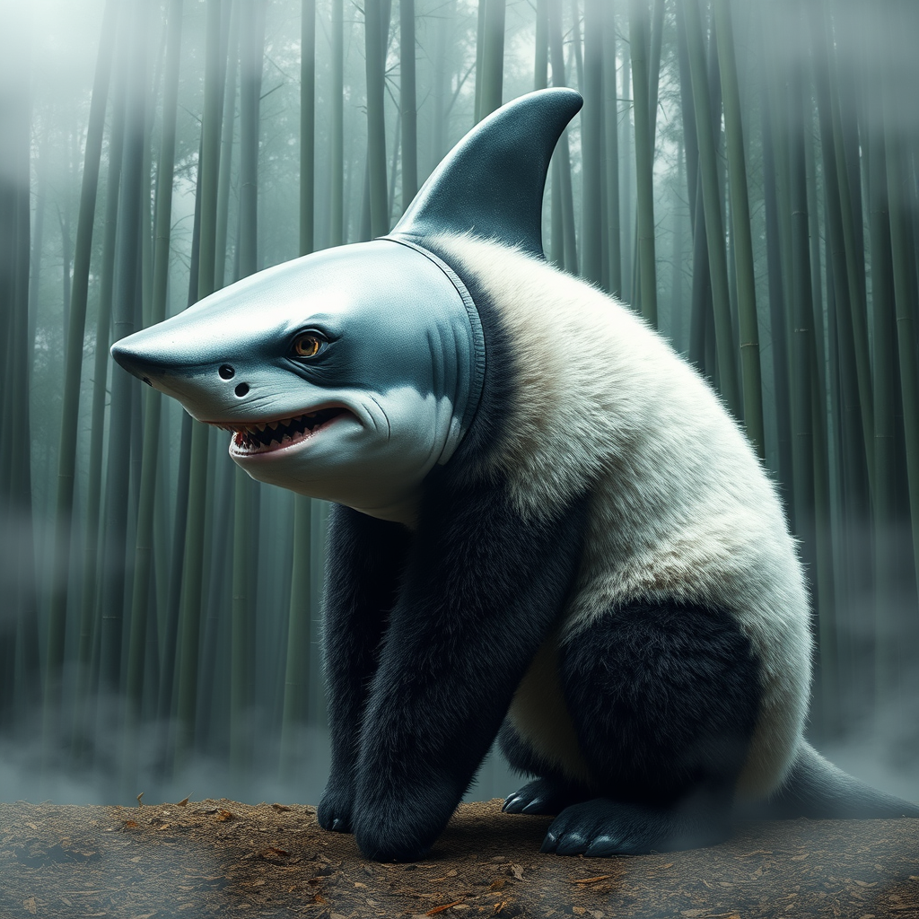 Three-quarter view of a surreal hybrid creature: half-shark, half-panda, seamlessly blended. Hyperrealistic rendering with intricate details—sleek, metallic shark skin transitioning into soft, fluffy panda fur. Piercing eyes reflect ancient wisdom. Positioned majestically against a misty bamboo forest backdrop. Atmosphere exudes both power and gentleness. - Image