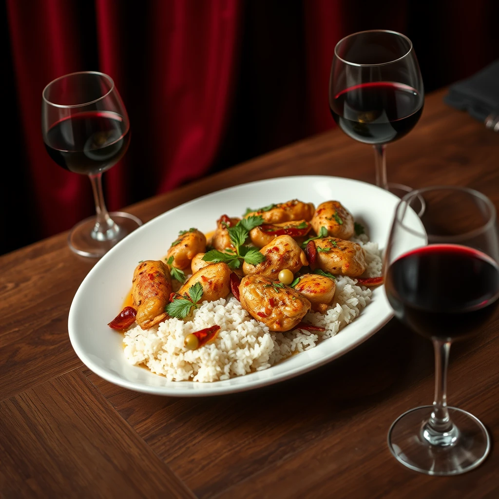 A highly detailed and sharp image of a plate of lemongrass chili chicken rice. The dish is beautifully plated with pieces of chicken garnished with fresh herbs and spices, served alongside a portion of rice. The plate is placed on a wooden table. Next to the plate, there is a glass of red wine. The background features dark areas with rich red drapes, creating a contrast that highlights the vibrant colors and textures of the dish. The overall atmosphere is elegant and inviting, capturing the intricate details of the meal and the dining setting.