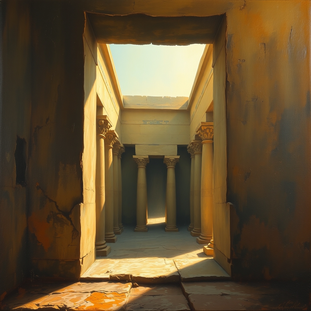 An old oil painting of an Egyptian temple. Inside. Window of the temple. Sunlight. View from the side.