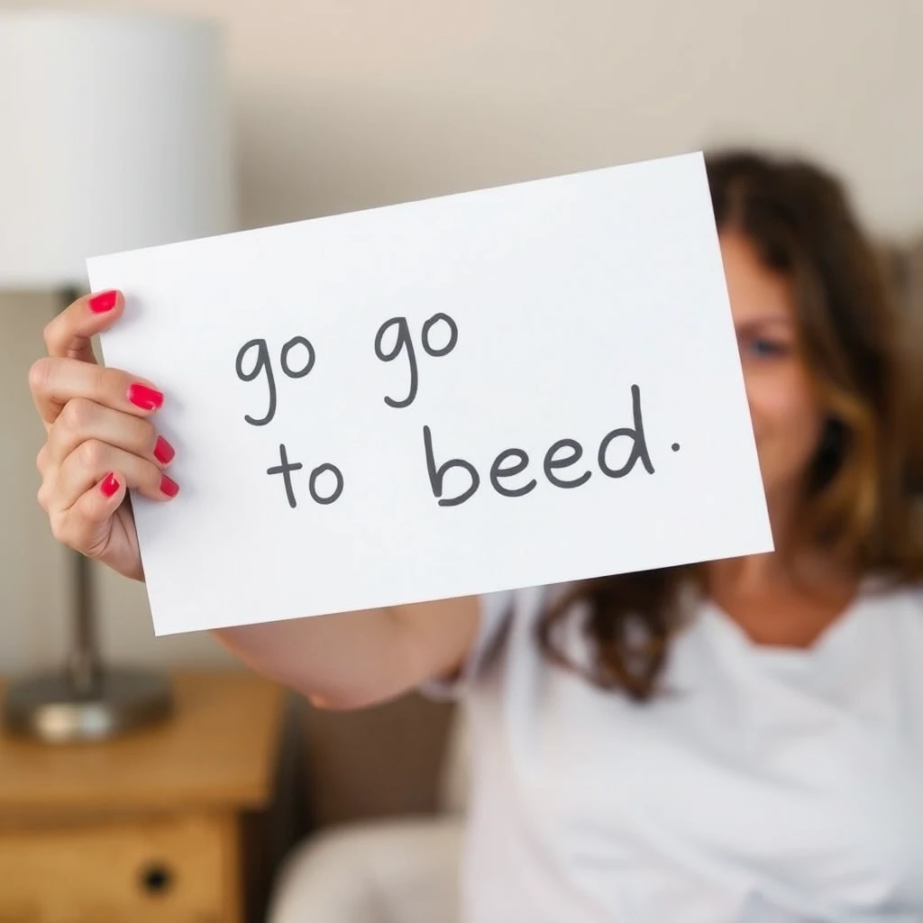 Woman holding paper saying "go to bed" - Image