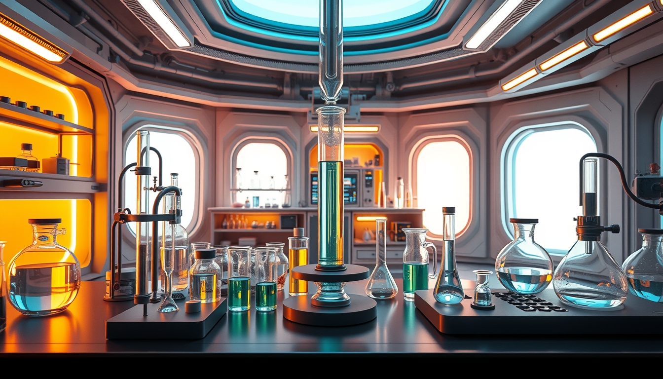 A futuristic laboratory with glass test tubes and advanced scientific equipment.