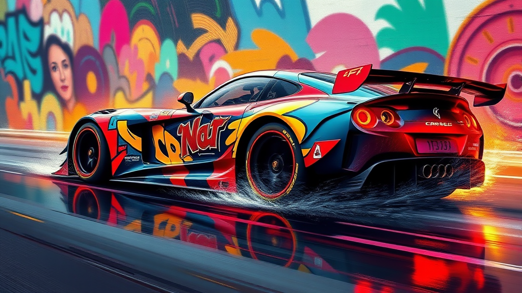 Stunning art in the style of dynamic street graffiti, showing an elegant racing car in motion, painted in bright colors, illuminated by soft diffused light. - Image