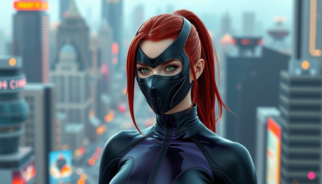 I used Flux AI Image Generator to create this image of a woman with red hair and green eyes wearing a black metallic mask. She's in a skintight black and purple spandex suit with a high collar and long sleeves. She's standing perfectly straight. The background is a futuristic city. I love this image; it's like something out of a fantasy movie.