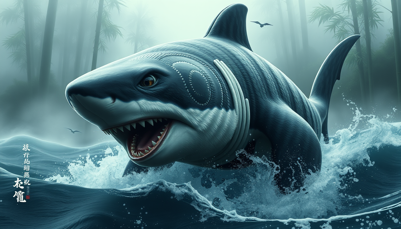 A mesmerizing hybrid creature, part great white shark, part giant panda, emerges from misty bamboo forests into turbulent ocean waters. Hyper-realistic details capture every scale and fur strand. Eyes blend primal hunger with gentle wisdom. Ancient Chinese mythology meets modern marine biology in this surreal, thought-provoking fusion. - Image