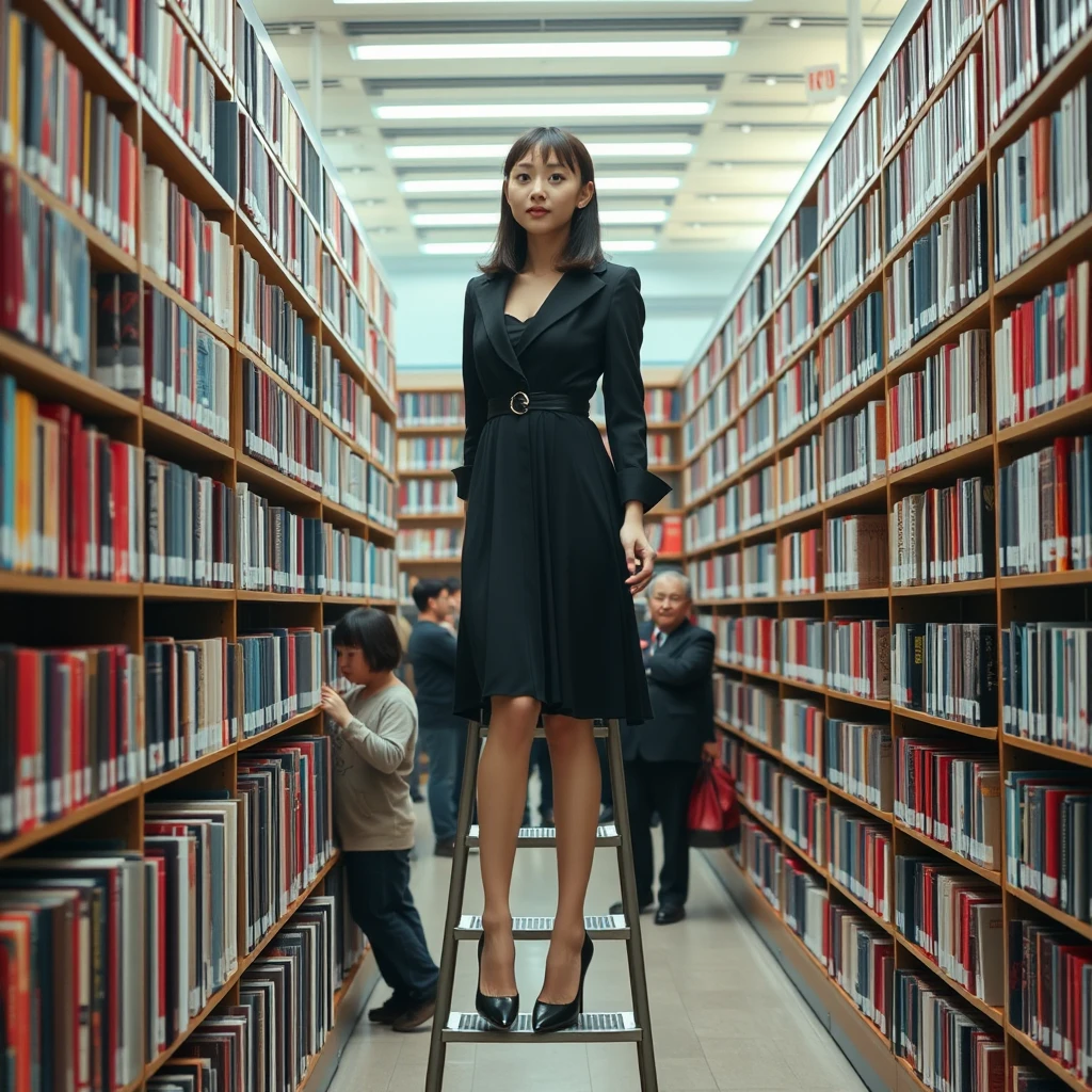 A young Japanese woman wearing a stylish dress and black high heels, with very pale skin, is looking for books in the library. She is standing on a ladder searching for books. There are many people in the library.