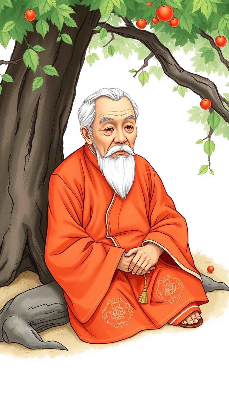 An elderly man in traditional Chinese orange-red clothing with white hair sits down near the tree, illustrated in a picture book style with a simple, light white background. - Image