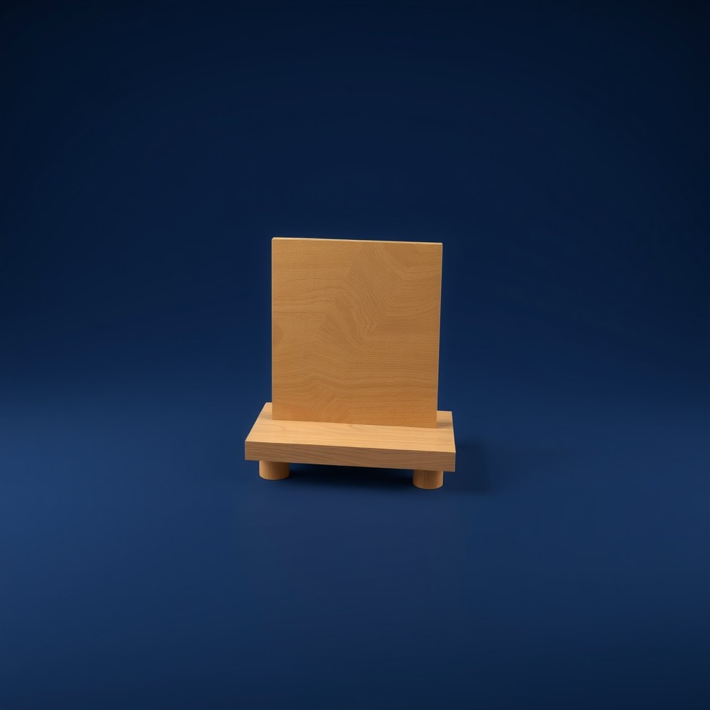 The image presents a 3D rendering of a board. The game board, made of wood, is the central focus of the image. It is a square board with a wooden top and a wooden bottom. The board has 4 legs. The board is set against a dark blue radial gradient background.