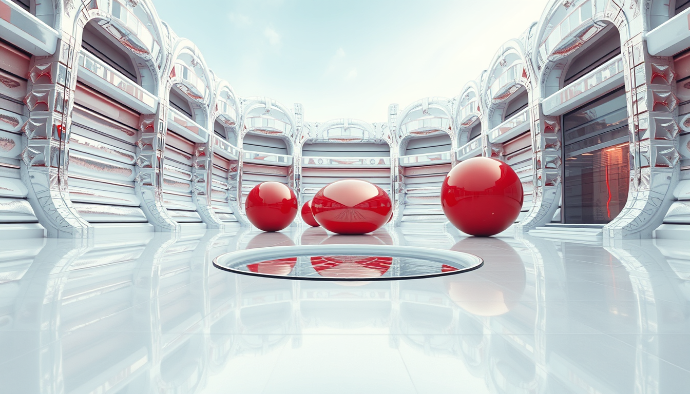 An eye-level, wide-angle shot of a fantasy, futuristic, and alien architectural square that features horizontally and vertically curved structures covered in white metallic reflective material. In the background, there are a few spherical red objects with reflective, metallic surfaces that resemble large, smooth capsules. These objects are positioned on a sleek, ultra-white shiny floor that reflects their surfaces. The focus is the sleek horizontally and vertically curved architecture covered in white metallic reflective material and a water feature. The mood is serene and cool, bursting with futuristic creativity.