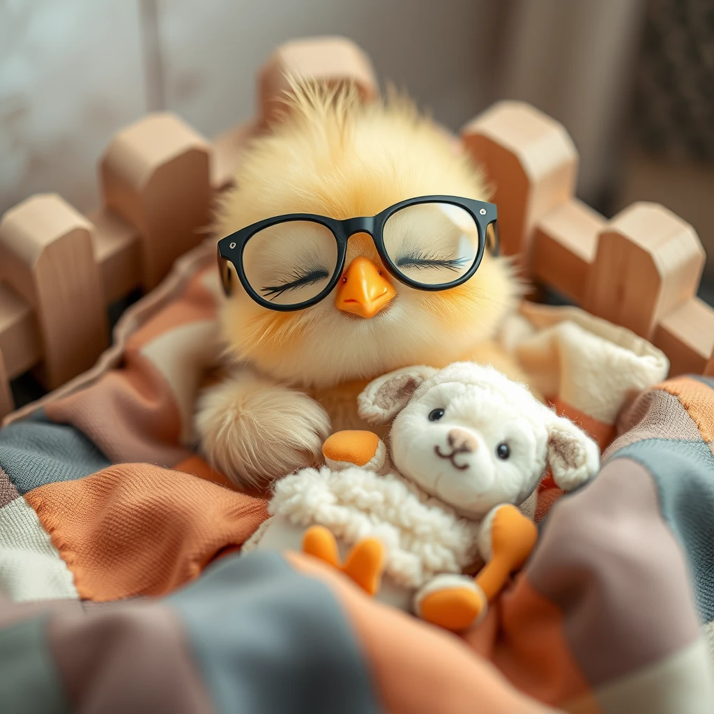 Sweet delicate little chick Kawaii with a small rounded beak, sleeping with glasses on in its little bed with patchwork blankets, embraced with a tiny cute plush sheep. - Image