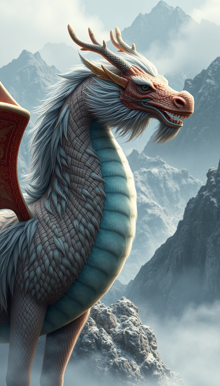 (ultra realistic) an oriental dragon combined with a hairy horse body, in a Chinese mountain background. - Image