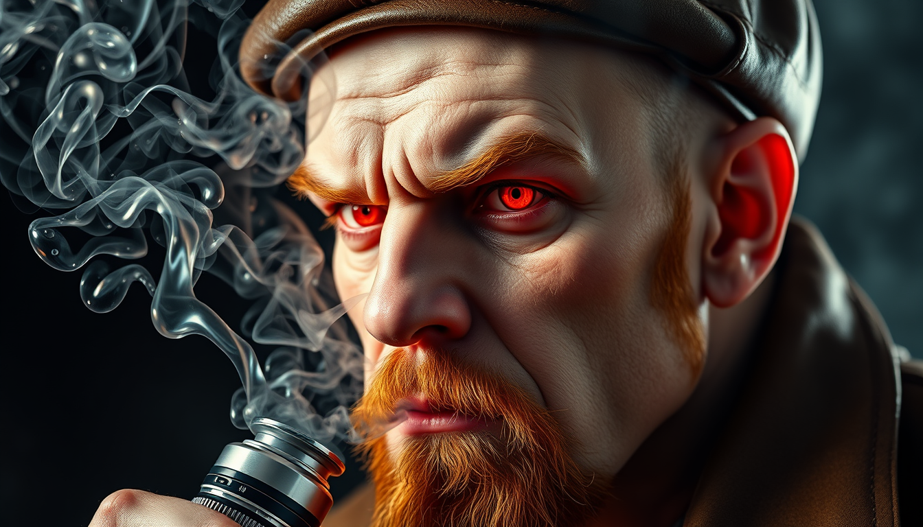 Hyper-realistic three-quarter portrait of a demonized white male, bald with meticulously detailed ginger stubble, donning a worn leather flatcap. Piercing red eyes gleam as he exhales dense, swirling vapor clouds from an intricately designed chrome vapemod. Iridescent e-liquid droplets suspended mid-air. - Image