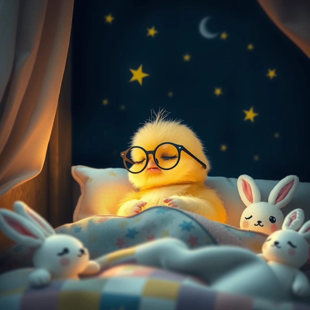 /Imagine it is night. A delicate cute chick with glasses is sleeping in its little bed, with small colorful fireflies, soft children's prints, with patchwork blankets surrounded by tiny cute plush bunnies.