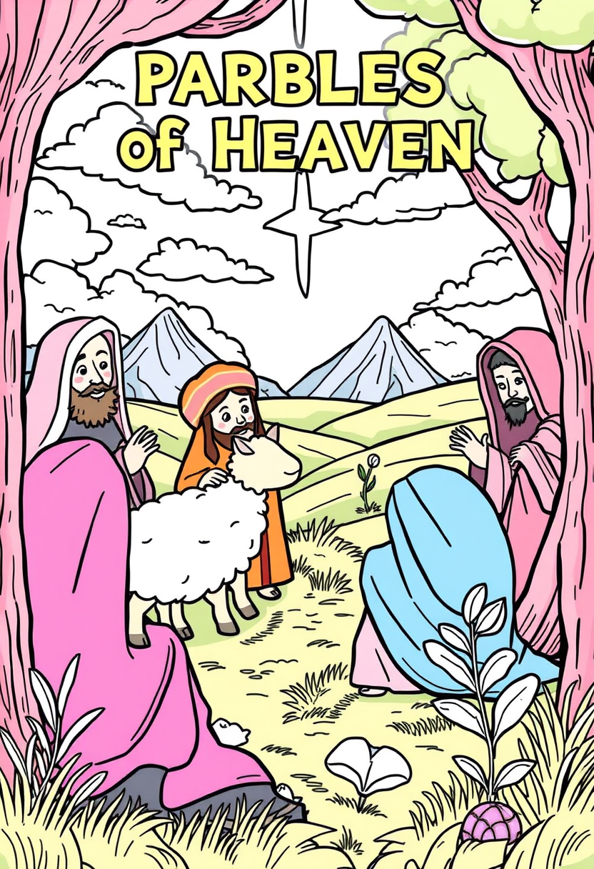 Depict various parables of heaven, such as the lost sheep and the mustard seed, in a colorful and engaging way. a coloring book page, cartoon style, thick lines, low details, no shading.