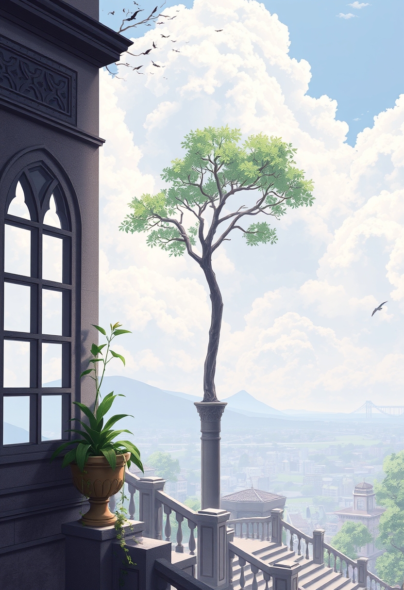 XUER Kingdom of Heaven, outdoors, tree, no humans, window, bird, plant, building, scenery, stairs, city, pillar. - Image