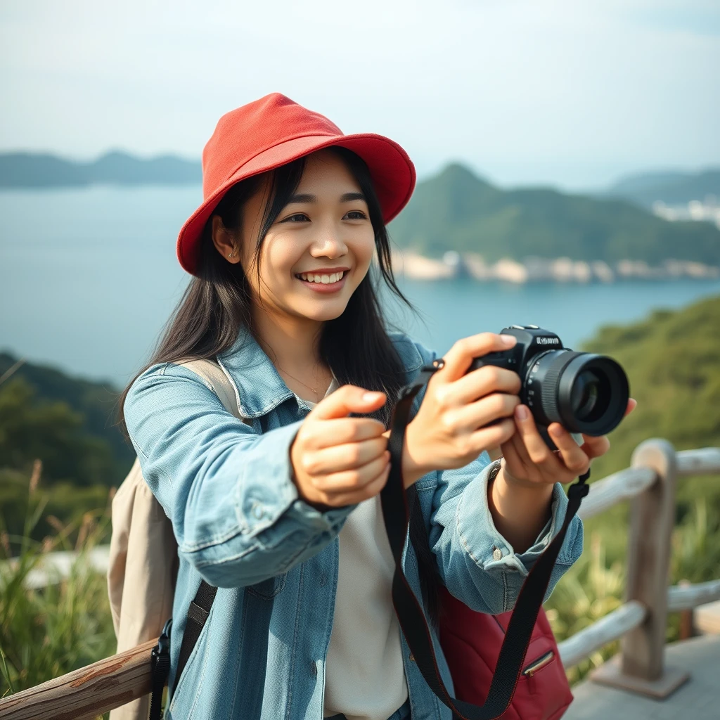 "Korean young woman with camera, recording journey moments, good mood, soul relaxation, Cheung Chau Island adventure, photorealistic style" - Image