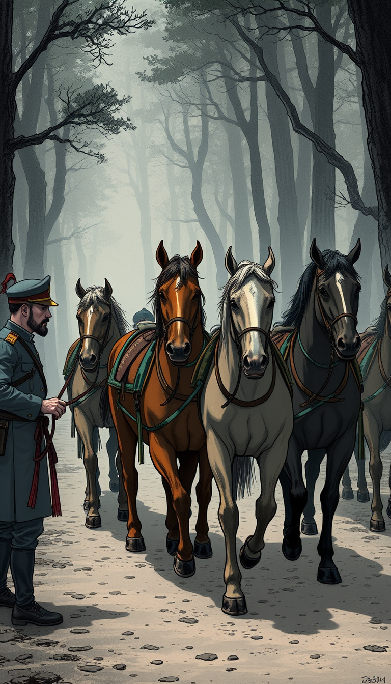 Soldiers, dressed in Song Dynasty uniforms, are shown untying the reins of several older horses. The horses begin to move forward slowly, appearing calm and assured. The shadowy forest background adds a sense of mystery, all rendered in a manga style.