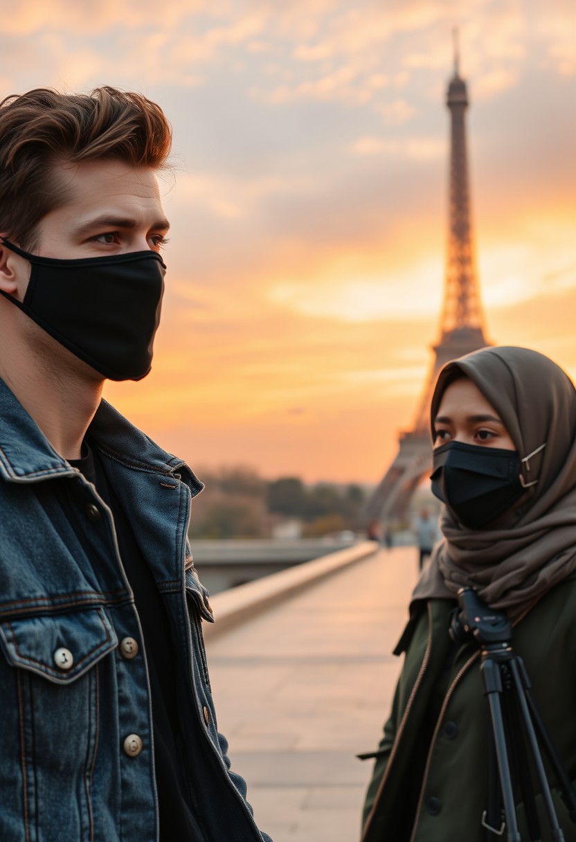 Jamie Dornan's head and body shot, handsome, black face mask, blue jeans jacket, dating the biggest hijab-wearing Muslim girl, beautiful eyes, black face mask, green army-patterned leather jacket, biggest skirt, DSLR Canon camera, tripod, taking photos of the Eiffel Tower, sunrise, morning scenery, hyper-realistic, street photography. - Image