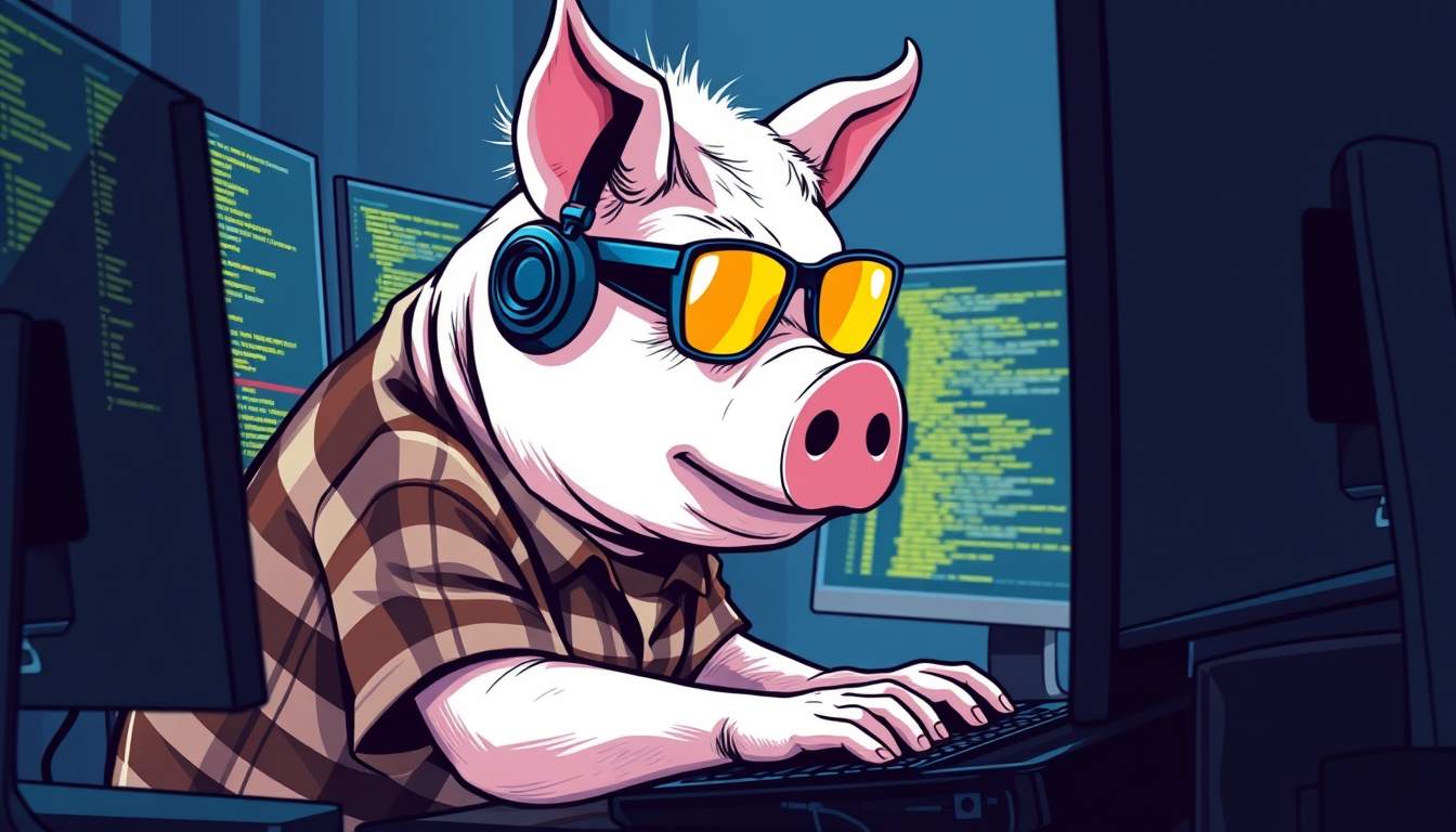 A tech-savvy pig coder, wearing yellow-tinted glasses and sleek noise-cancelling headphones, hunches over a cutting-edge multi-monitor setup. The anthropomorphic pig exudes focus, typing furiously. Dressed in a plaid t-shirt.