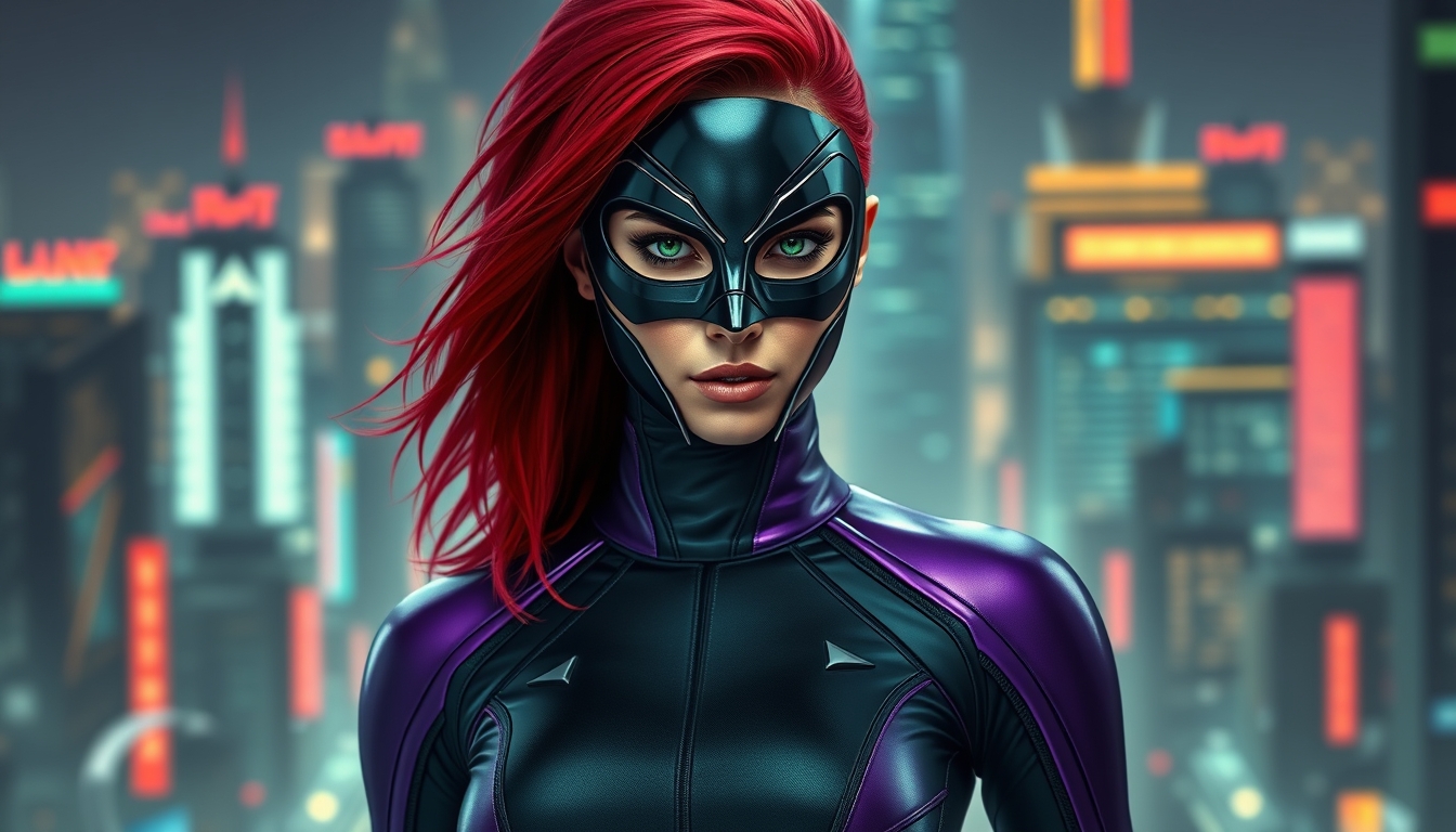 I used Flux AI Image Generator to create this image of a woman with red hair and green eyes wearing a black metallic mask. She's dressed in a skintight black and purple spandex suit. The suit features a high collar and long sleeves. She's standing perfectly straight. The background is a futuristic city. I love this image; it's like something out of a fantasy movie. show full body image. - Image